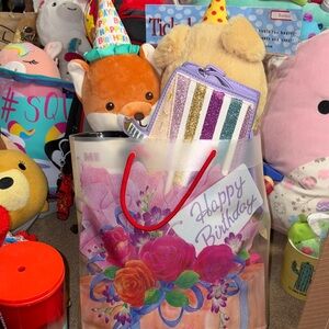 Floral Happy Birthday Gift Bag with Red Handle